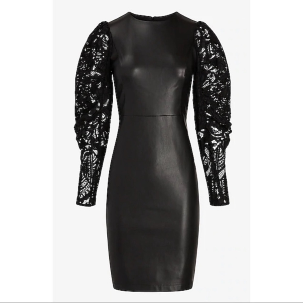 Express faux leather dress with embroidered puff sleeve NWOT